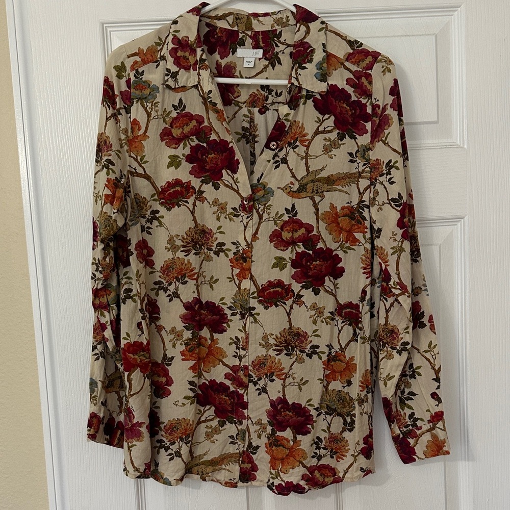J. Jill Cream Button-Down Shirt with Red & Orange Floral Print